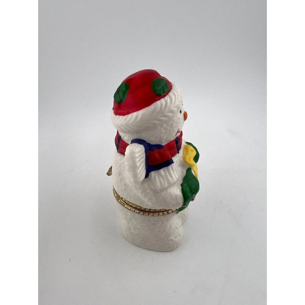 Christmas Snowman Trinket Box Red‎ Santa Hat & Scarf Glazed Porcelain